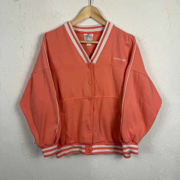 Vintage 80s Adidas Pink Striped Cardigan Sweatshirt Size Medium Sportswear - Picture 1 of 5